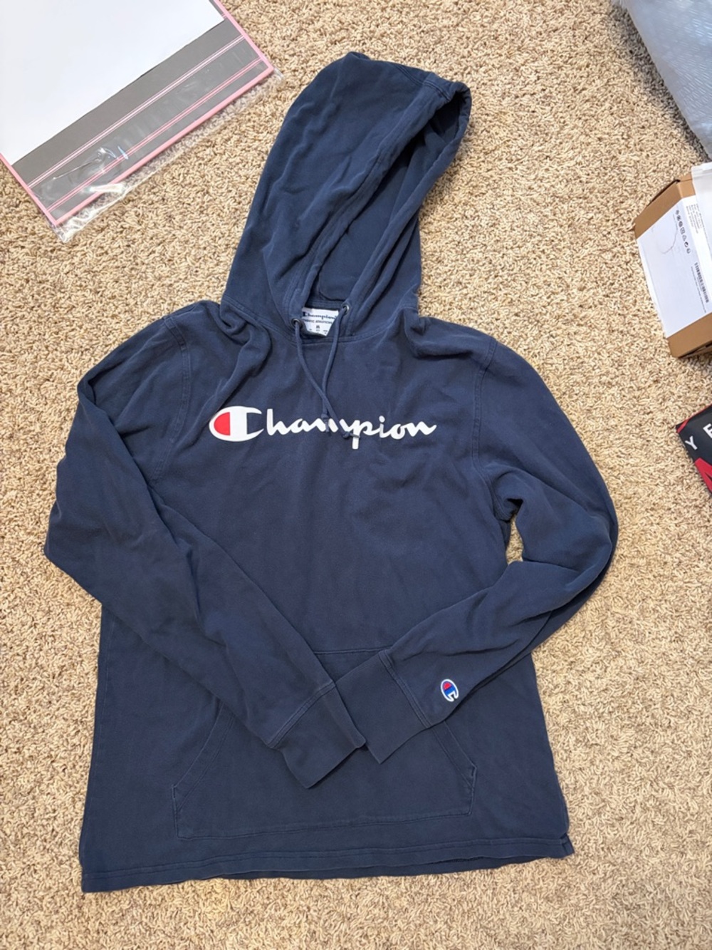 Champion Navy Hoodie with White Script Logo